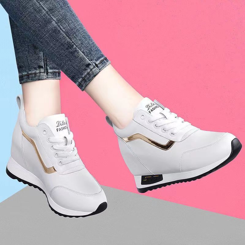 Women's Height Increasing Casual Shoes - Fashion Thick-Sole Platform Leather Sneakers with Soft Cushion, Versatile Sports-Inspired Design for Daily Wear (Trendy & Breathable FBK)