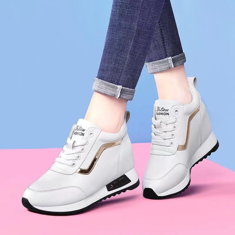 Women's Height Increasing Casual Shoes - Fashion Thick-Sole Platform Leather Sneakers with Soft Cushion, Versatile Sports-Inspired Design for Daily Wear (Trendy & Breathable FBK)