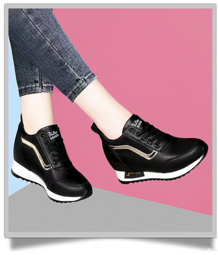Women's Height Increasing Casual Shoes - Fashion Thick-Sole Platform Leather Sneakers with Soft Cushion, Versatile Sports-Inspired Design for Daily Wear (Trendy & Breathable FBK)