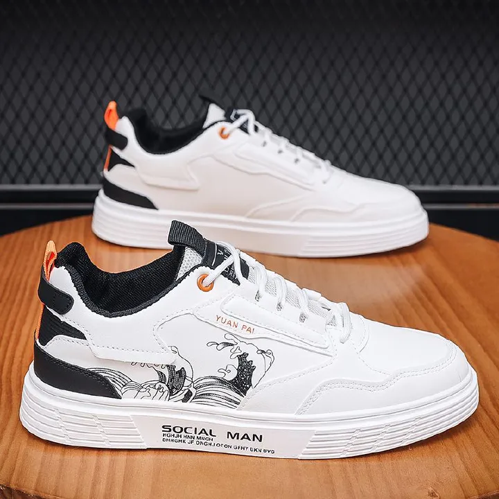 Youth Men's Casual Sports Running Sneakers Man - White Waterproof PU Leather Lace-Up Shoes Viatu vya Kiume with Vibamba Ngumu Rubber Sole, Viatu vya Kukimbia za Kiume for Outdoor Safari Fashion