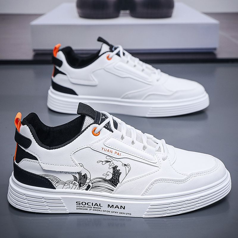 Youth Men's Casual Sports Running Sneakers Man - White Waterproof PU Leather Lace-Up Shoes Viatu vya Kiume with Vibamba Ngumu Rubber Sole, Viatu vya Kukimbia za Kiume for Outdoor Safari Fashion