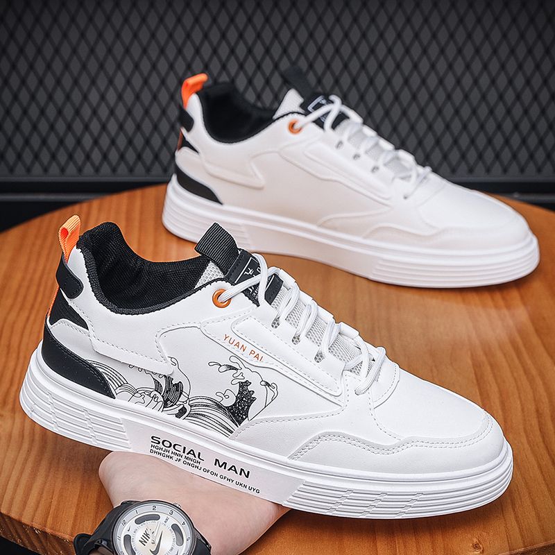 Youth Men's Casual Sports Running Sneakers Man - White Waterproof PU Leather Lace-Up Shoes Viatu vya Kiume with Vibamba Ngumu Rubber Sole, Viatu vya Kukimbia za Kiume for Outdoor Safari Fashion