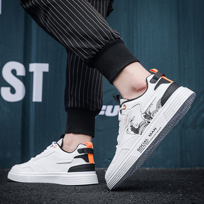 Youth Men's Casual Sports Running Sneakers Man - White Waterproof PU Leather Lace-Up Shoes Viatu vya Kiume with Vibamba Ngumu Rubber Sole, Viatu vya Kukimbia za Kiume for Outdoor Safari Fashion