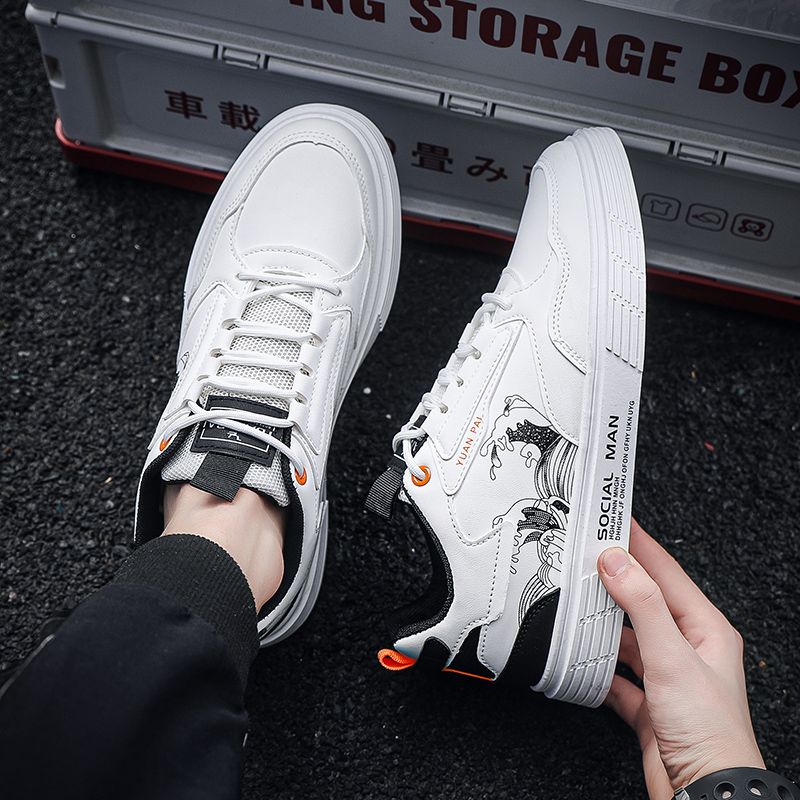 Youth Men's Casual Sports Running Sneakers Man - White Waterproof PU Leather Lace-Up Shoes Viatu vya Kiume with Vibamba Ngumu Rubber Sole, Viatu vya Kukimbia za Kiume for Outdoor Safari Fashion