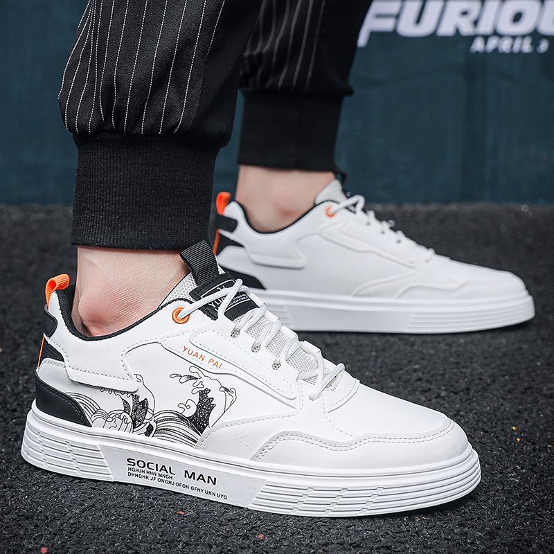 Youth Men's Casual Sports Running Sneakers Man - White Waterproof PU Leather Lace-Up Shoes Viatu vya Kiume with Vibamba Ngumu Rubber Sole, Viatu vya Kukimbia za Kiume for Outdoor Safari Fashion
