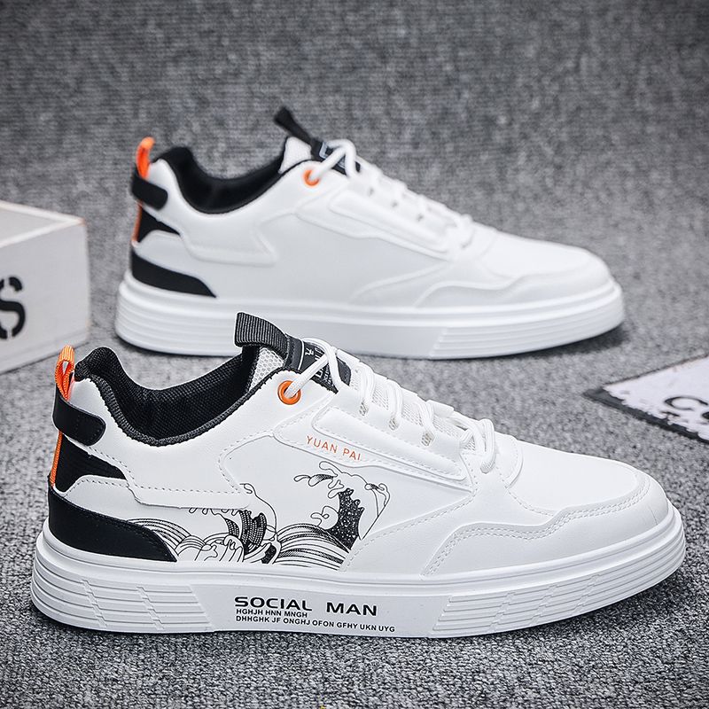 Youth Men's Casual Sports Running Sneakers Man - White Waterproof PU Leather Lace-Up Shoes Viatu vya Kiume with Vibamba Ngumu Rubber Sole, Viatu vya Kukimbia za Kiume for Outdoor Safari Fashion