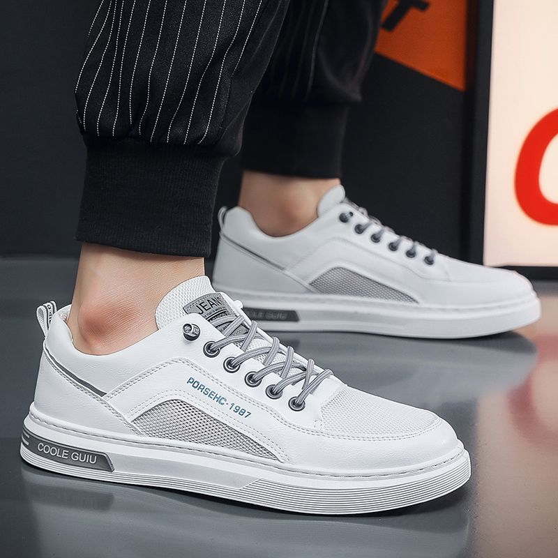 Youth Men's Casual Sports Sneakers Man - White Breathable Mesh PU Leather Shoes Viatu vya Kiume with Non-Slip Wear-Resistant Rubber Sole, Lace-Up for Urban Street Style