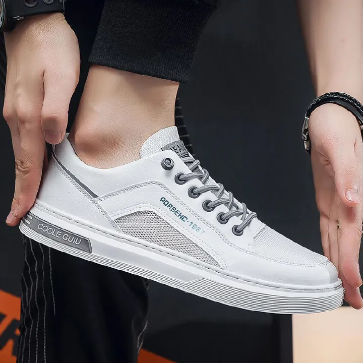 Youth Men's Casual Sports Sneakers Man - White Breathable Mesh PU Leather Shoes Viatu vya Kiume with Non-Slip Wear-Resistant Rubber Sole, Lace-Up for Urban Street Style