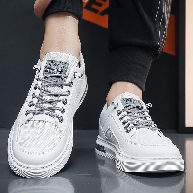 Youth Men's Casual Sports Sneakers Man - White Breathable Mesh PU Leather Shoes Viatu vya Kiume with Non-Slip Wear-Resistant Rubber Sole, Lace-Up for Urban Street Style
