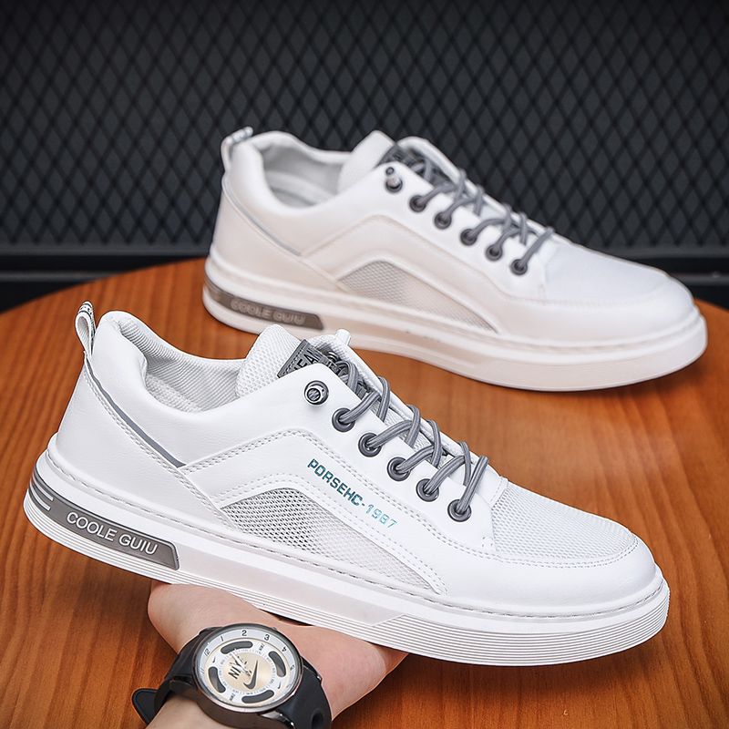 Youth Men's Casual Sports Sneakers Man - White Breathable Mesh PU Leather Shoes Viatu vya Kiume with Non-Slip Wear-Resistant Rubber Sole, Lace-Up for Urban Street Style