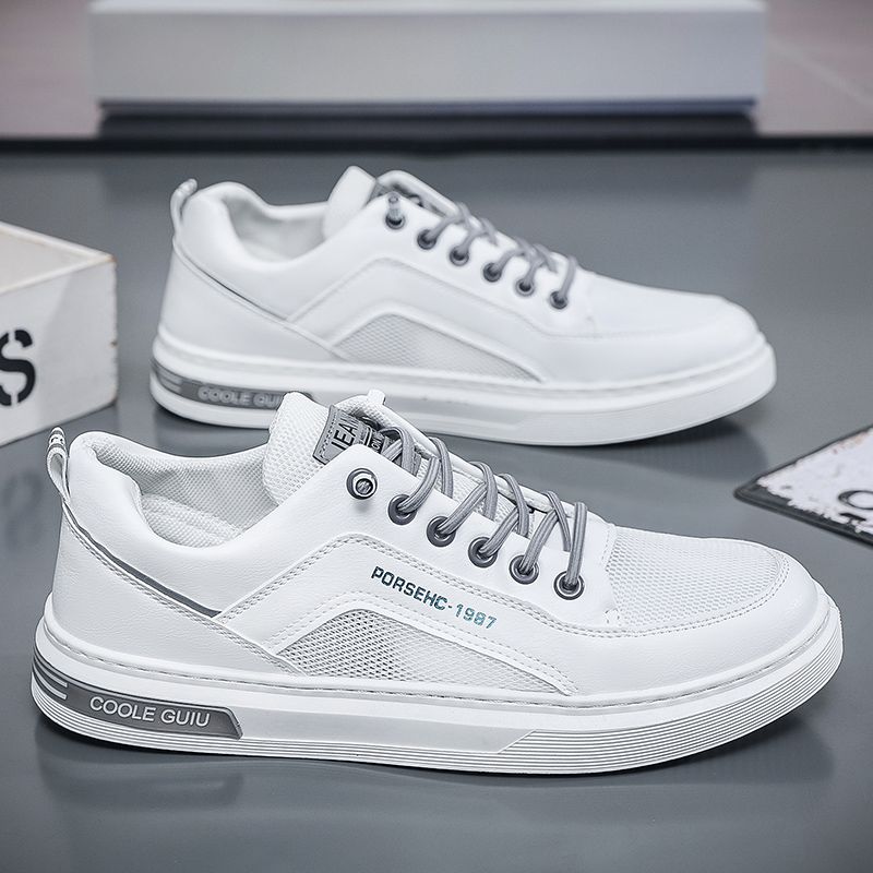 Youth Men's Casual Sports Sneakers Man - White Breathable Mesh PU Leather Shoes Viatu vya Kiume with Non-Slip Wear-Resistant Rubber Sole, Lace-Up for Urban Street Style