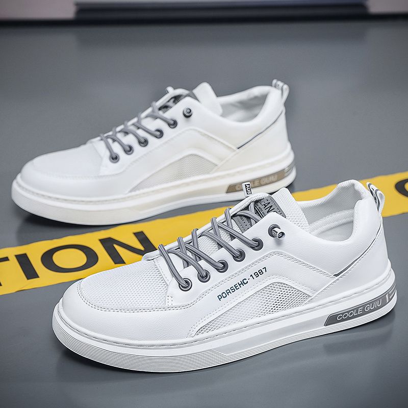 Youth Men's Casual Sports Sneakers Man - White Breathable Mesh PU Leather Shoes Viatu vya Kiume with Non-Slip Wear-Resistant Rubber Sole, Lace-Up for Urban Street Style