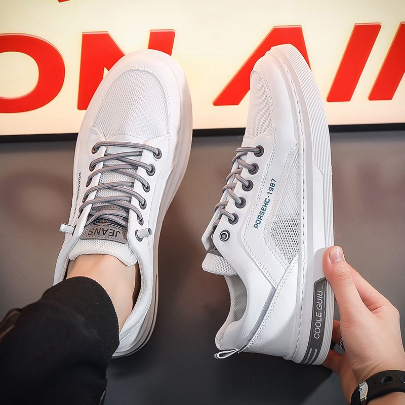 Youth Men's Casual Sports Sneakers Man - White Breathable Mesh PU Leather Shoes Viatu vya Kiume with Non-Slip Wear-Resistant Rubber Sole, Lace-Up for Urban Street Style