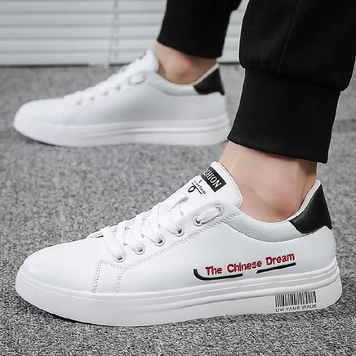 Youth Men's Casual Sneakers Man - White Versatile Breathable PU Leather Shoes Viatu vya Kiume with Non-Slip Wear-Resistant Rubber Sole & Lace-Up for Urban Street Fashion
