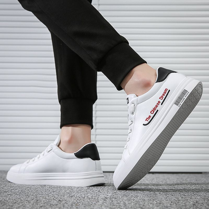 Youth Men's Casual Sneakers Man - White Versatile Breathable PU Leather Shoes Viatu vya Kiume with Non-Slip Wear-Resistant Rubber Sole & Lace-Up for Urban Street Fashion