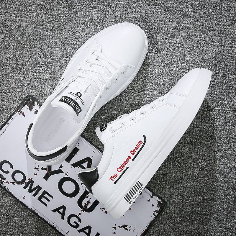 Youth Men's Casual Sneakers Man - White Versatile Breathable PU Leather Shoes Viatu vya Kiume with Non-Slip Wear-Resistant Rubber Sole & Lace-Up for Urban Street Fashion