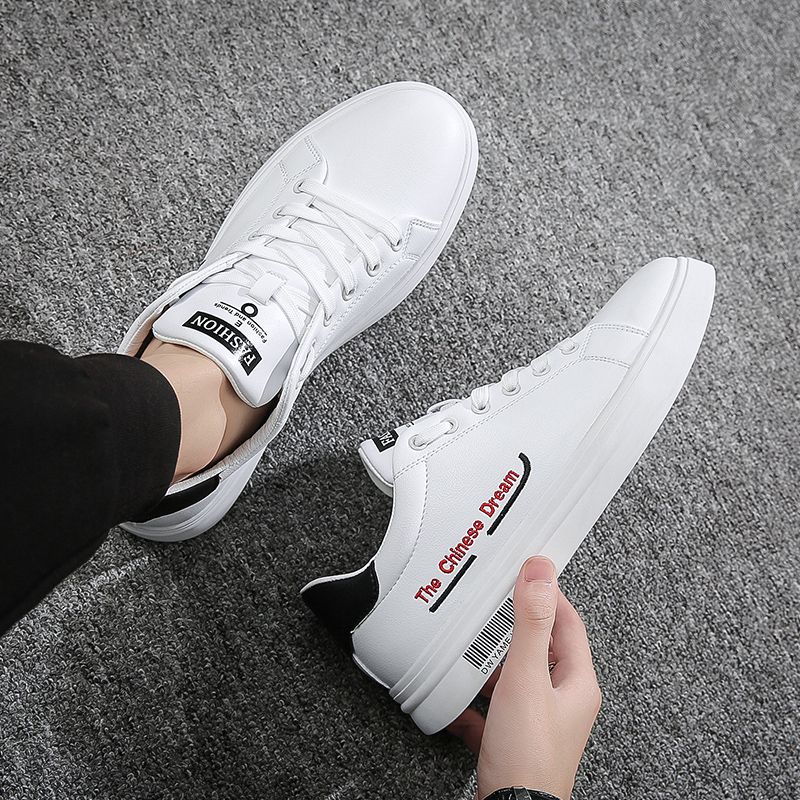 Youth Men's Casual Sneakers Man - White Versatile Breathable PU Leather Shoes Viatu vya Kiume with Non-Slip Wear-Resistant Rubber Sole & Lace-Up for Urban Street Fashion