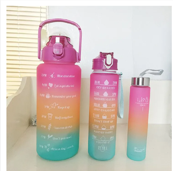 3-in-1 Motivational Water Bottle with Time Marker – Leak Proof Straw Bottle