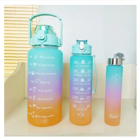 3-in-1 Motivational Water Bottle with Time Marker – Leak Proof Straw Bottle