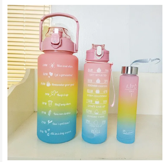 3-in-1 Motivational Water Bottle with Time Marker – Leak Proof Straw Bottle