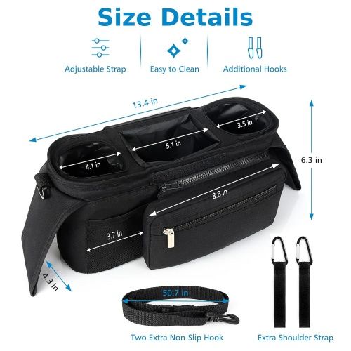 Universal Stroller Organizer with Insulated Cup Holder Detachable Phone Bag and Shoulder Strap,Stroller Bag Caddy Organizer Accessories Fits for Uppababy, Baby Jogger, Britax Strollers