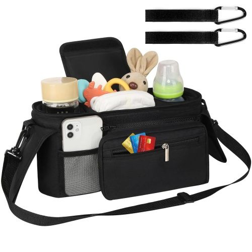 Universal Stroller Organizer with Insulated Cup Holder Detachable Phone Bag and Shoulder Strap,Stroller Bag Caddy Organizer Accessories Fits for Uppababy, Baby Jogger, Britax Strollers