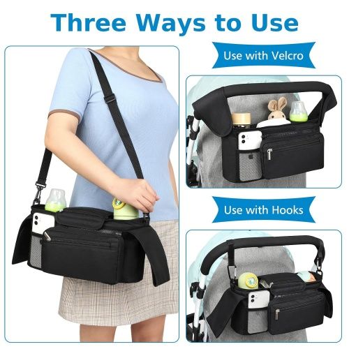 Universal Stroller Organizer with Insulated Cup Holder Detachable Phone Bag and Shoulder Strap,Stroller Bag Caddy Organizer Accessories Fits for Uppababy, Baby Jogger, Britax Strollers
