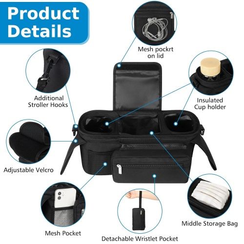 Universal Stroller Organizer with Insulated Cup Holder Detachable Phone Bag and Shoulder Strap,Stroller Bag Caddy Organizer Accessories Fits for Uppababy, Baby Jogger, Britax Strollers