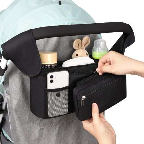 Universal Stroller Organizer with Insulated Cup Holder Detachable Phone Bag and Shoulder Strap,Stroller Bag Caddy Organizer Accessories Fits for Uppababy, Baby Jogger, Britax Strollers