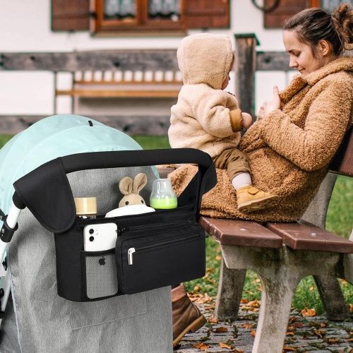 Universal Stroller Organizer with Insulated Cup Holder Detachable Phone Bag and Shoulder Strap,Stroller Bag Caddy Organizer Accessories Fits for Uppababy, Baby Jogger, Britax Strollers