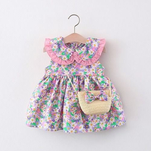 A stylish floral print dress for baby girls in summer, a cute cotton dress, and a princess dress with a bag