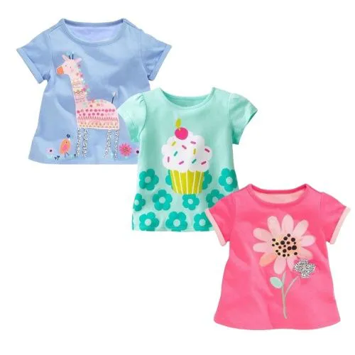 Printed short sleeves,Girl Short Sleeve top wears, Cotton Summer T-Shirts 3Packs with cute pattern, good quality breathable material