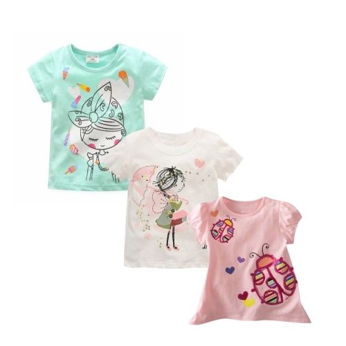 Printed short sleeves,Girl Short Sleeve top wears, Cotton Summer T-Shirts 3Packs with cute pattern, good quality breathable material