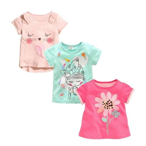 Printed short sleeves,Girl Short Sleeve top wears, Cotton Summer T-Shirts 3Packs with cute pattern, good quality breathable material