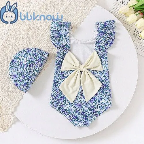 Girl Kids&#39; One - Piece Swimsuit free with swimming hat, 2 colors for selection, Elegant little baby in the swimming pool, baby girl swimming sets