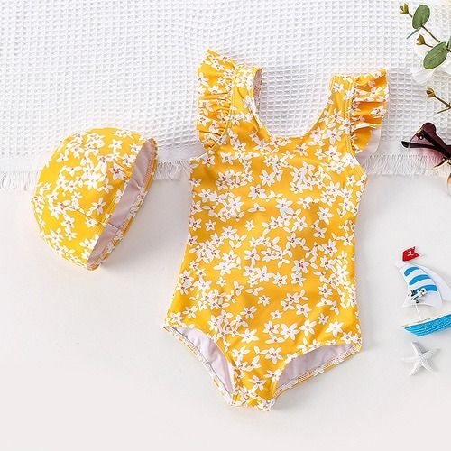 Girl Kids&#39; One - Piece Swimsuit free with swimming hat, 2 colors for selection, Elegant little baby in the swimming pool, baby girl swimming sets