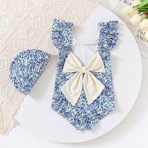 Girl Kids&#39; One - Piece Swimsuit free with swimming hat, 2 colors for selection, Elegant little baby in the swimming pool, baby girl swimming sets