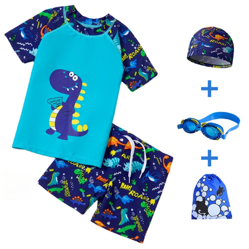 Kids' Dinosaur - Printed Split Swimsuit Set, Split swimsuit set for kids girl & boy, Swimming caps, swimming goggles, inflatable sleeves, storage bags and waterproof earplugs can be selected