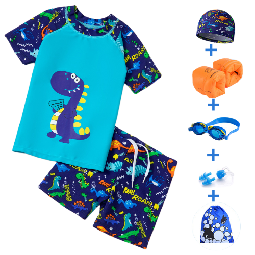 Kids' Dinosaur - Printed Split Swimsuit Set, Split swimsuit set for kids girl & boy, Swimming caps, swimming goggles, inflatable sleeves, storage bags and waterproof earplugs can be selected