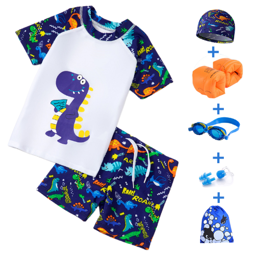 Kids' Dinosaur - Printed Split Swimsuit Set, Split swimsuit set for kids girl & boy, Swimming caps, swimming goggles, inflatable sleeves, storage bags and waterproof earplugs can be selected