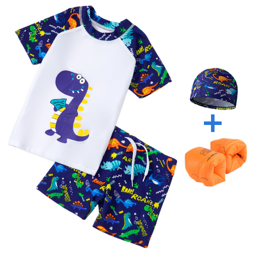 Kids' Dinosaur - Printed Split Swimsuit Set, Split swimsuit set for kids girl & boy, Swimming caps, swimming goggles, inflatable sleeves, storage bags and waterproof earplugs can be selected