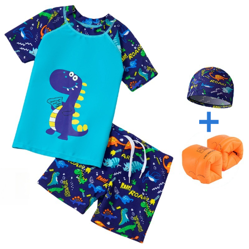 Kids' Dinosaur - Printed Split Swimsuit Set, Split swimsuit set for kids girl & boy, Swimming caps, swimming goggles, inflatable sleeves, storage bags and waterproof earplugs can be selected