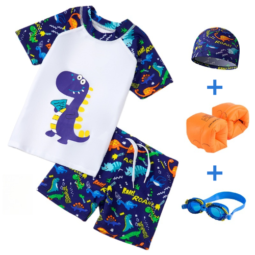 Kids' Dinosaur - Printed Split Swimsuit Set, Split swimsuit set for kids girl & boy, Swimming caps, swimming goggles, inflatable sleeves, storage bags and waterproof earplugs can be selected