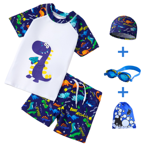 Kids' Dinosaur - Printed Split Swimsuit Set, Split swimsuit set for kids girl & boy, Swimming caps, swimming goggles, inflatable sleeves, storage bags and waterproof earplugs can be selected