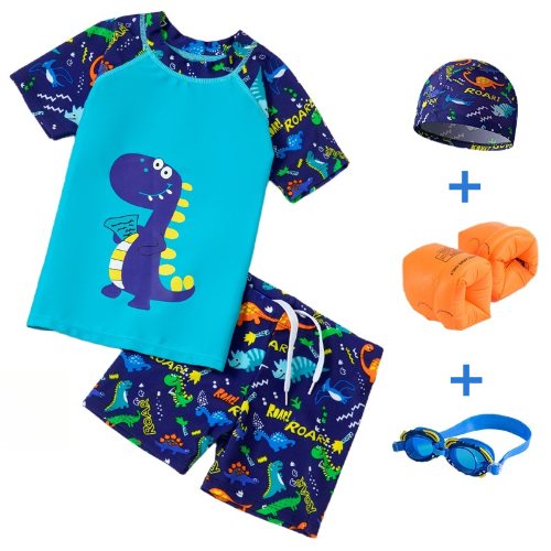 Kids' Dinosaur - Printed Split Swimsuit Set, Split swimsuit set for kids girl & boy, Swimming caps, swimming goggles, inflatable sleeves, storage bags and waterproof earplugs can be selected