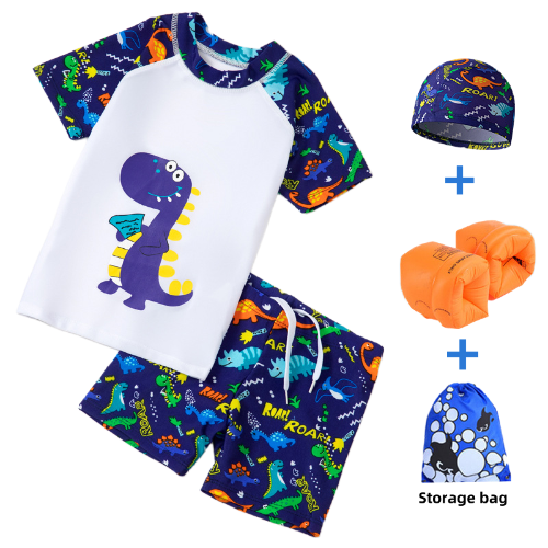 Kids' Dinosaur - Printed Split Swimsuit Set, Split swimsuit set for kids girl & boy, Swimming caps, swimming goggles, inflatable sleeves, storage bags and waterproof earplugs can be selected