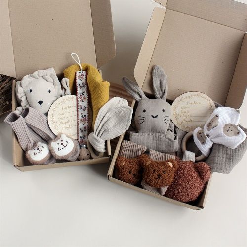 INS Popular baby gift sets, new born baby meet gift,Rabbit and Lion Soothing Towel, Sock, Saliva Towel, Toiletry Gift Box, Newborn Bite Ring, Hair Band Set
