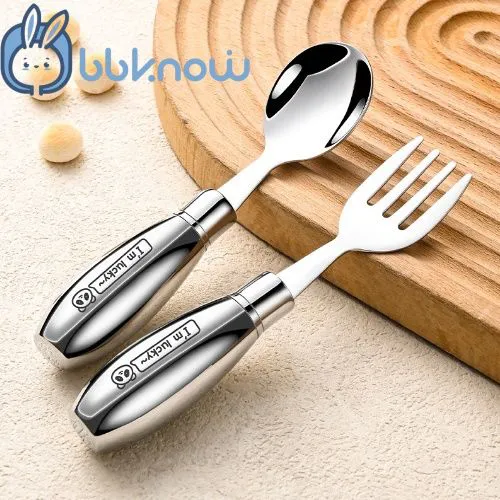 Baby & kids solid feeding, 304 stainless stell tableware, spoon/fork sets with pattern for your little ones, Portable feeding kit for home and travel