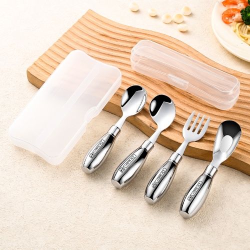 Baby & kids solid feeding, 304 stainless stell tableware, spoon/fork sets with pattern for your little ones, Portable feeding kit for home and travel