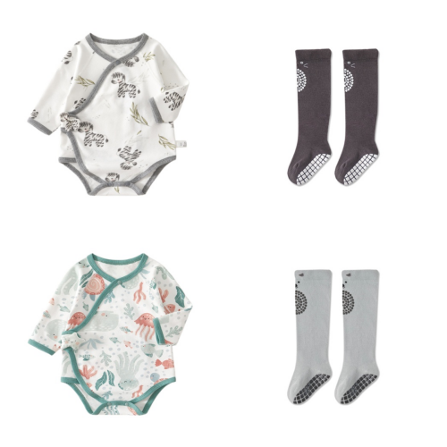 Baby Soft Cotton Bodysuit & Anti-Slip Knee Socks Set - Breathable for Summer & Air-Conditioned Rooms | Unisex Newborn Outfit